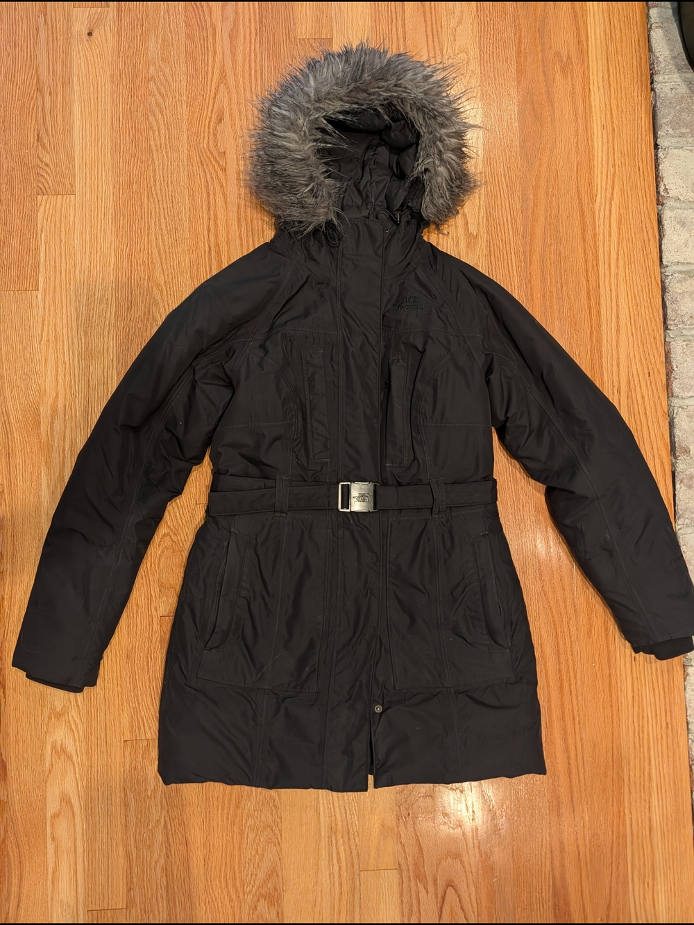 Women's Black Hooded Belted Winter Coat